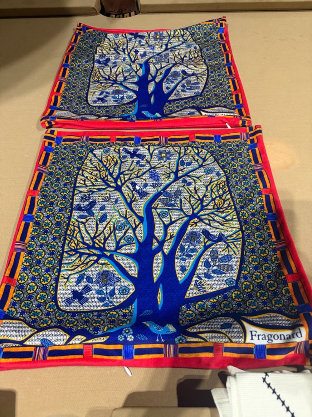 Fragonard Blue Tree Print Pillow Covers with Red Trim Double Sided